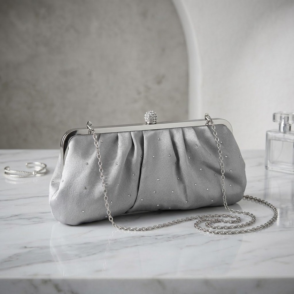 Lulu Townsend Clutch Rhinestone Pleated Satin Silver Special Event Bag